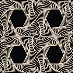 Hexagon black and white motion pattern in a swirling linear mesh. Vector seamless pattern design for textile, fashion, paper, packaging, wrapping and branding