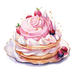 Obraz na płótnie Canvas Watercolor cream dessert. Sweet tart. Fruit cake on white background