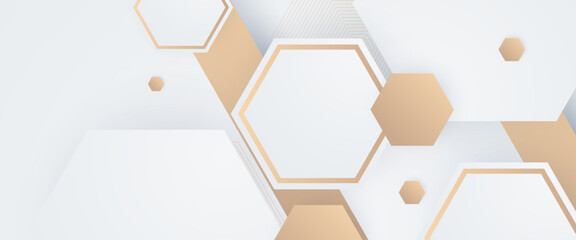 Elegant 3d banner background design with white and gold line pattern or texture. Luxury horizontal white background for business banner, poster, backdrop, voucher, invite. Vector illustration