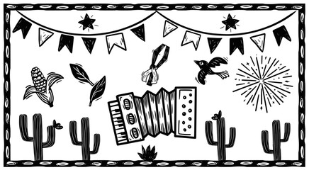 Set of icons for June festivals. Separate vectors in woodcut style © Pablo Ramon