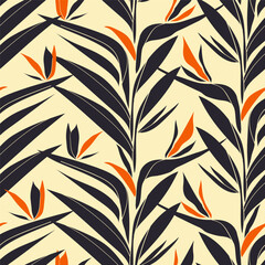 Endless jungle leaves in navy blue and orange silhouette pattern. Vector seamless pattern design for textile, fashion, paper, packaging and branding.