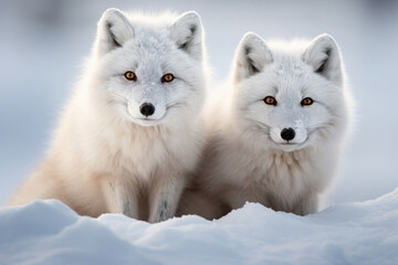 Cute Arctic foxes on the snow in the wild