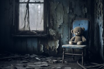 Teddy bear on chair in an abandoned house with peeling paint