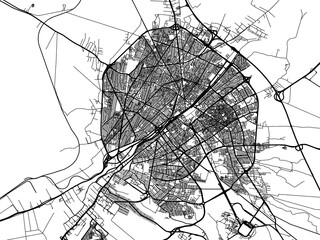 Vector road map of the city of Qom in Iran with black roads on a white background.