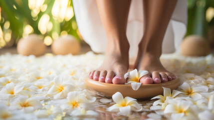 Obraz na płótnie Canvas Feet massage, Thai Massage Spa Therapy with Herbal Towel Compress Ball, Coconut Oil, Perfume, Cosmetics, and Plumeria Flower on Massage Bed created with Generative Ai