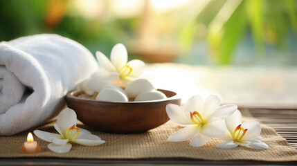 Fototapeta na wymiar Feet massage, Thai Massage Spa Therapy with Herbal Towel Compress Ball, Coconut Oil, Perfume, Cosmetics, and Plumeria Flower on Massage Bed created with Generative Ai
