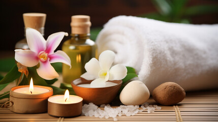 Fototapeta na wymiar Feet massage, Thai Massage Spa Therapy with Herbal Towel Compress Ball, Coconut Oil, Perfume, Cosmetics, and Plumeria Flower on Massage Bed created with Generative Ai