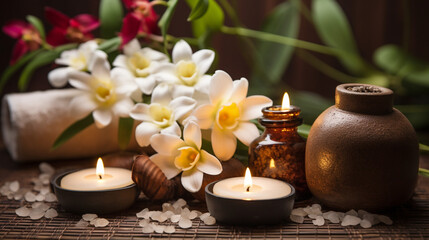 Obraz na płótnie Canvas Feet massage, Thai Massage Spa Therapy with Herbal Towel Compress Ball, Coconut Oil, Perfume, Cosmetics, and Plumeria Flower on Massage Bed created with Generative Ai