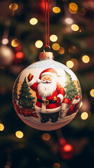 Fototapeta premium Glass christmas ball with santa claus hanging on christmas tree. Cute and dreamy.