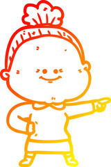 warm gradient line drawing of a cartoon happy old woman