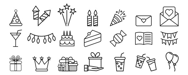 Set of vector linear icons for birthday, birthday, corporate, party celebration, birthday linear icons on white background eps10