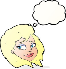 cartoon happy female face with thought bubble
