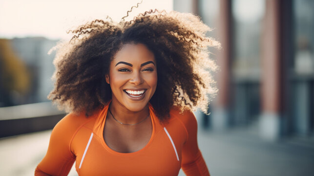 Fitness Concept. Portrait of happy black plus size woman