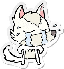 distressed sticker of a cartoon crying wolf