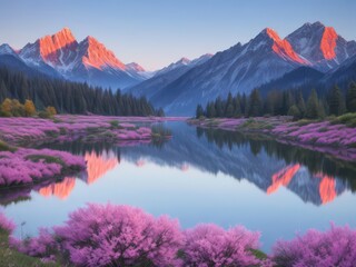 peaceful landscape, showing a dreamlike capture of the beauty of mountains, lake with calm and serenity, pink, blue and yellow color, Peaceful, landscapes concept, generative ai