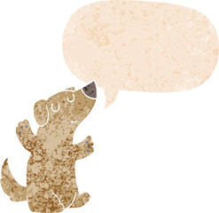 cartoon dog with speech bubble in grunge distressed retro textured style