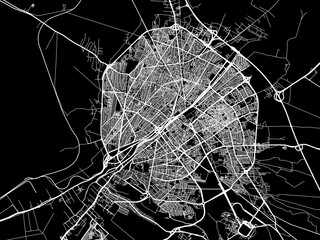 Vector road map of the city of Qom in Iran with white roads on a black background.