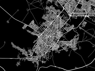 Vector road map of the city of Kermanshah in Iran with white roads on a black background.
