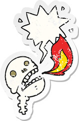 cartoon spooky halloween skull with speech bubble distressed distressed old sticker
