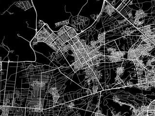 Vector road map of the city of Khomeyni Shahr in Iran with white roads on a black background.