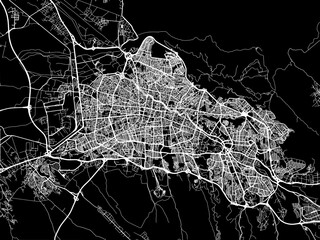 Vector road map of the city of Tabriz in Iran with white roads on a black background.