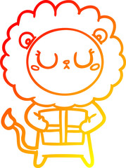 warm gradient line drawing of a cartoon lion with christmas present
