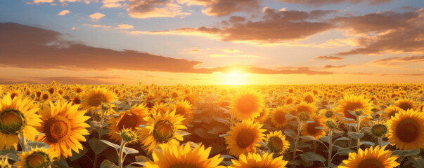 Obraz premium Sunflower field banner. Beautiful panoramic view of a field of sunflowers in the light of the setting sun.