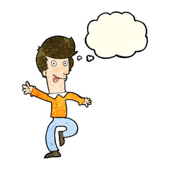 cartoon man dancing with thought bubble
