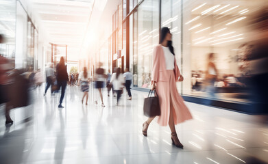 Blurred background of a modern shopping mall with some shoppers. Stylish women looking at showcase, motion blur. 