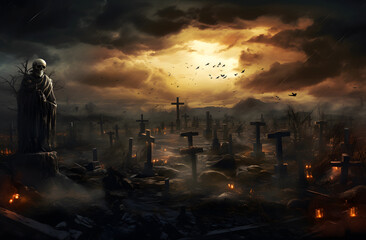 spooky graveyard by night. halloween background.