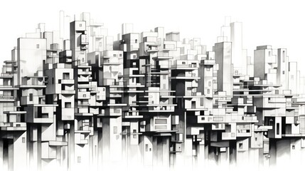 Graphic black and white cityscape, sketching.
