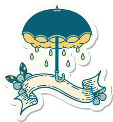 tattoo style sticker with banner of an umbrella and storm cloud