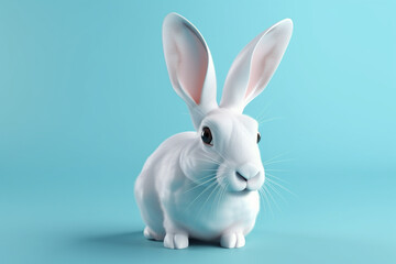 Obraz premium White rabbit on a blue background with copy space. Easter concept.