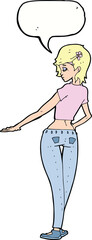 cartoon pretty girl in jeans and tee with speech bubble