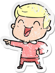 distressed sticker of a cartoon man laughing