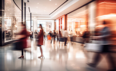 Blurred background of a modern shopping mall with some shoppers. Stylish women looking at showcase, motion blur. 