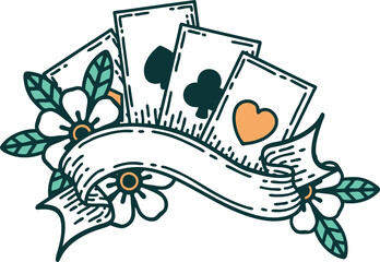 iconic tattoo style image of cards and banner