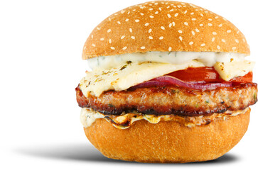 Burger is a patty of ground beef grilled and placed between two halves of a bun.