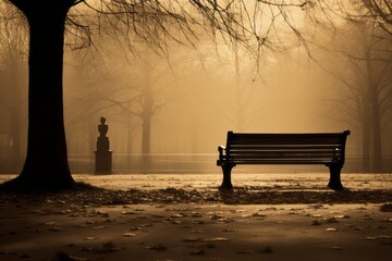 A sadness in a wooden bench in an empty urban park surrounded by fallen leaves and emptiness - obrazy, fototapety, plakaty
