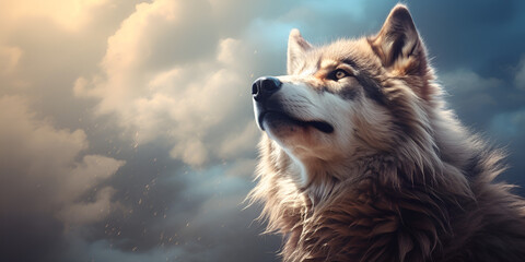 There is a wolf that is looking up at the sky and sky background - obrazy, fototapety, plakaty
