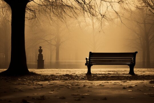 A sadness in a wooden bench in an empty urban park surrounded by fallen leaves and emptiness