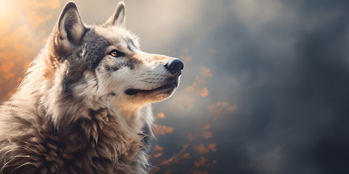 A close up wolf on a winter forest background wild forest animal