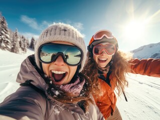 Fototapeta na wymiar snowboarder couple smiling happy, winter glasses
