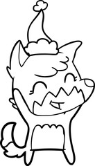 happy hand drawn line drawing of a fox wearing santa hat