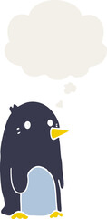 cartoon penguin with thought bubble in retro style