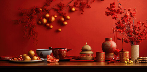 Chinese oriental style, Chinese new year in red and gold. Chinese festive celebration.