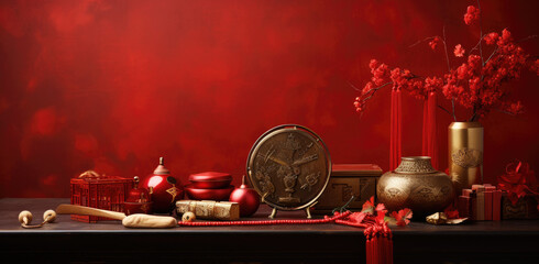 Chinese oriental style, Chinese new year in red and gold. Chinese festive celebration.