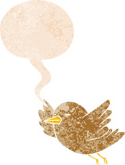 cartoon bird with speech bubble in grunge distressed retro textured style