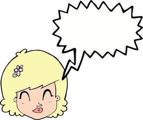 cartoon happy female face with speech bubble