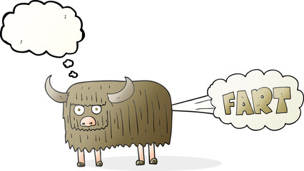 freehand drawn thought bubble cartoon hairy cow farting